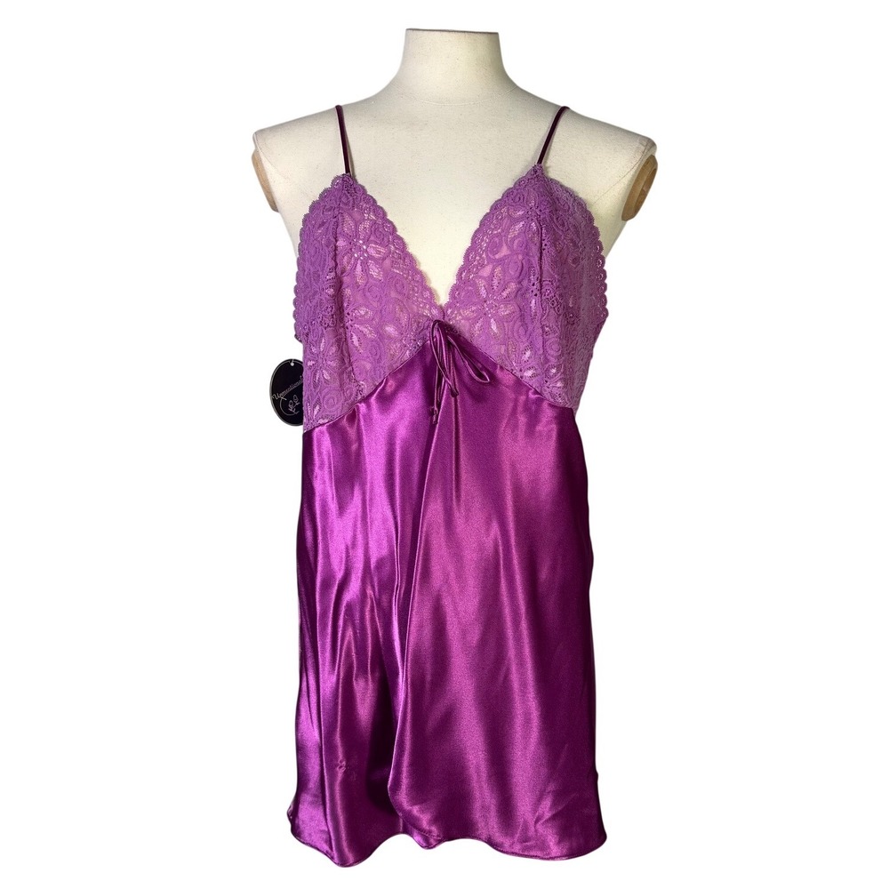 Unmentionables Magenta Purple Satin Lace Trim Chemise Nightie 2X NEW